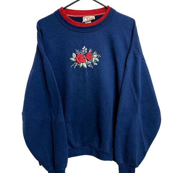 Vintage Morning Sun Navy Floral Rose Grandma Crewneck Sweater Size XL Feminine - Picture 1 of 4